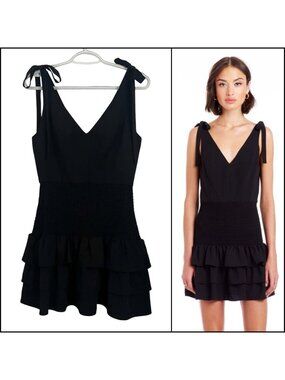 Amanda Uprichard Mini Dress Size Small Zita Ruffle V-Neck Tie Straps Black